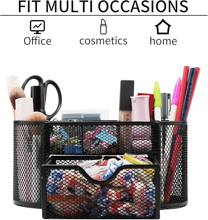 Desk Organizers and Accessories with Pencil Pen Holder Supply 8 Compartments and 1 Pullout Drawer for Home, School, and Office. (Black)