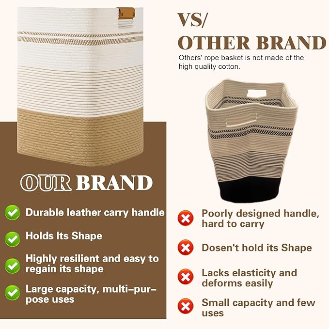 Laundry Hamper, 75L Tall Laundry Basket with Leather Handles, Rectangle Large Clothes Hamper for Organizing, Cotton Woven Laundry Baskets Storage Hampers for Bedroom, Nursery, Living Room