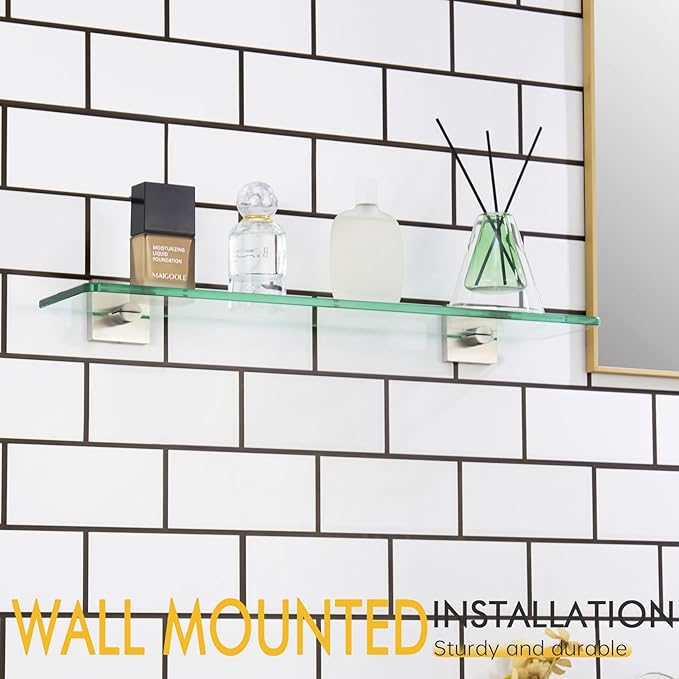 KOKOSIRI Floating Shelves Wall Mount 20-Inch Bathroom Tempered Glass Shelf for Kitchen Storage Shower Hanging Rack, Brushed Stainless Steel B1107BR-L20
