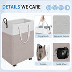 HomeHacks Laundry Basket with Wheels, Rolling Laundry Hamper, Collapsible & Waterproof Clothes Hamper, Narrow Corner Bins with Extended Handles for in the Family & Dorm 90L, Khaki