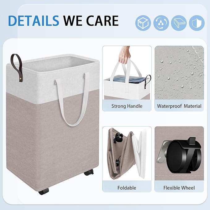 HomeHacks 75L Rolling Laundry Basket with Wheels, Collapsible & Waterproof Laundry Hamper, Mobile Clothes Hamper, Storage Laundry Bins with Handles for Laundry Room, Bedroom, Bathroom & Dor, Khaki
