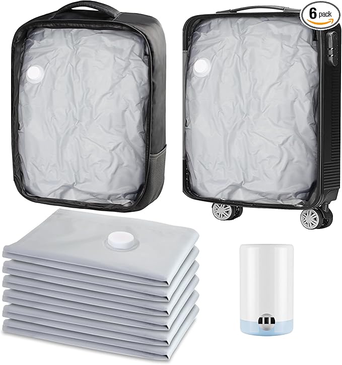 SUOCO Travel Vacuum Bags for Luggage and Backpack, 6 Medium Reusable Compression Bags with Wireless Electric Pump, Packing Seal Space Saver Storage Bags for Clothing, Carry on Suitcase