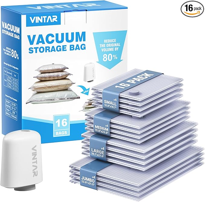 Travel Vacuum Seal Bags for Clothing with Rechargeable Cordless Pump, VINTAR 16 Pack (4J+4L+4M+4S) Carry-on Size Space Saver Vacuum Storage Bags, Compression Packing Bags for Luggage and Suitcase