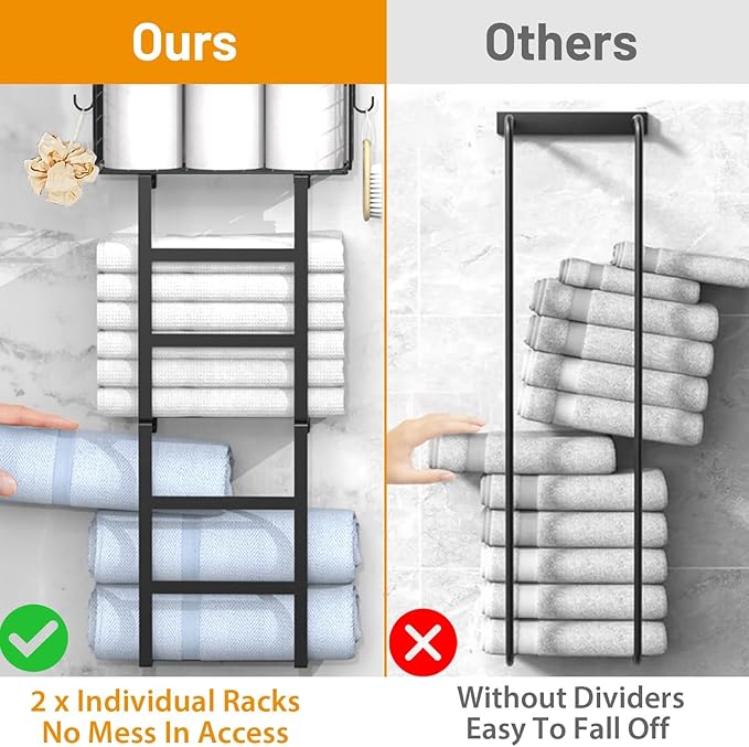 Towel Racks for Bathroom Black, 34IN Rolled Towel Holder, Towel Rack Wall Mounted with 2 Pack Shelf and a Wire Basket, Bathroom Towel Storage and Organizer, Sturdy Metal & Wood