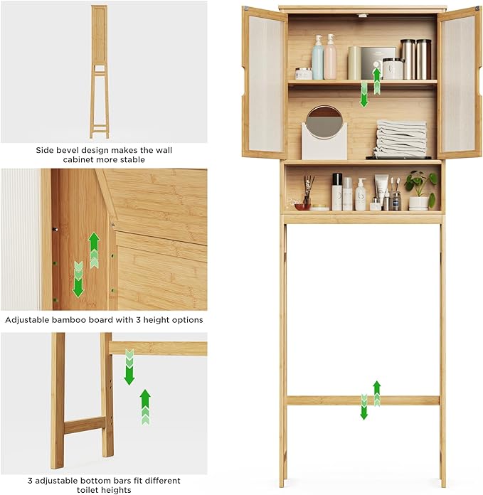 BAMBANG Over The Toilet Storage Cabinet, Bamboo Bathroom Over Toilet Storage Organizer with Adjustable Shelves and Double Doors, Above Toilet Storage Cabinet, Natural