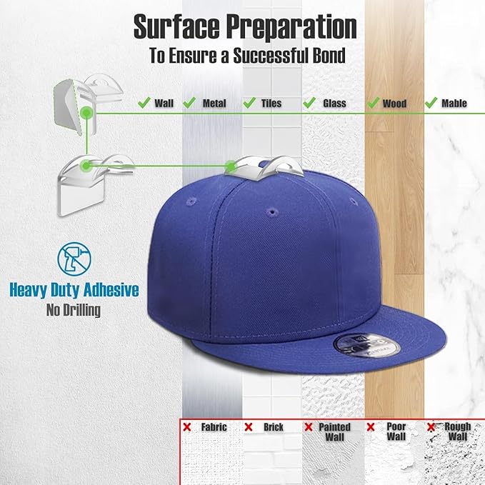 Hat Hangers for Wall, Stronge Adhesive Hat Holders Display, No Driling Caps Holder Organizer, 20 Pack Hat Hook for Baseball Caps, Wall Mounted Cap Rack, Clear