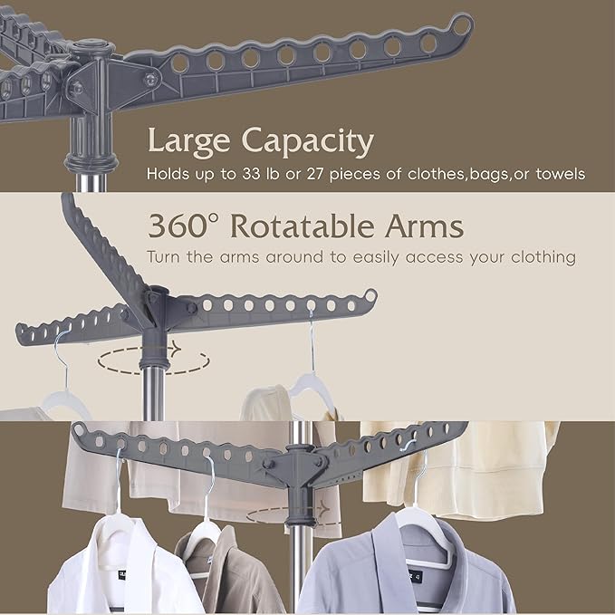 Beaudaily Clothes Drying Rack, Foldable 74.8-Inch Laundry Drying Rack, Indoor 2 Tier Drying Rack Clothing with Rotatable Arms, Stainless Steel, Holds 54 Pieces, Space Saving, Grey and Silver