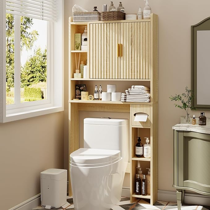 Fluted Over The Toilet Storage Cabinet, Above Toilet Bathroom Organizer with Toilet Paper Holder, Modern Behind Toilet Cabinet, Space Saver for Restroom, Bathroom, Laundry, Natural Oak