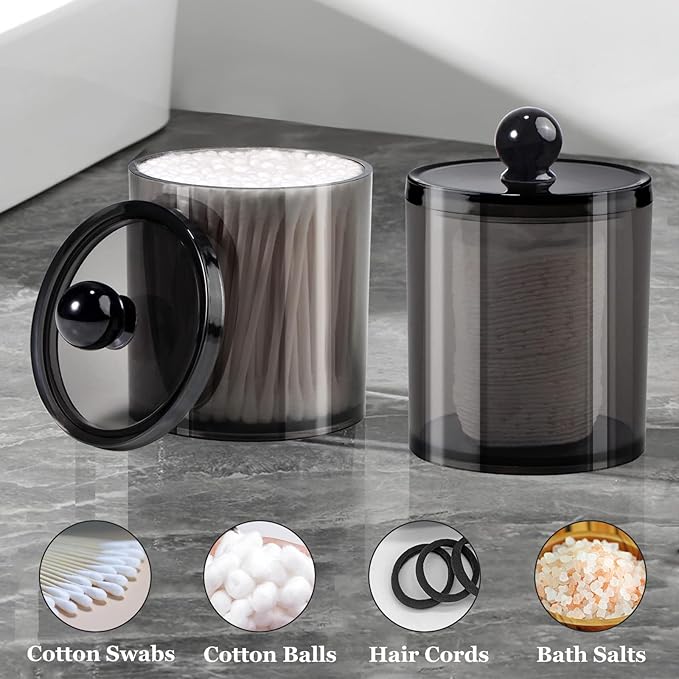 SheeChung 8-Pack Qtip Holder,Black Acrylic Canister Apothecary Jars with Lids & 12 Labels - (4) 10oz & (4) 12oz Plastic Canisters Bathroom Storage Set - Shatterproof Qtip Holder for Home Organization