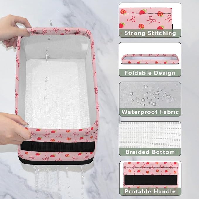 Pink Small Bathroom Baskets for Toilet,Strawberry Foldable Toilet Paper Tank Basket Organizer for Towels Storage Bow Decorative Open Storage Bins for Home,Closet,Containers,Cabinet