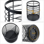 360° Rotating Utensil holder for Kitchen Counter,5.9"x5.9"x7.8" Large Round Utensils Holder with Wooden Base Matte Black Cooking Utensil Holder，Kitchen countertop Utensil Organizer (Rotating+Metal)