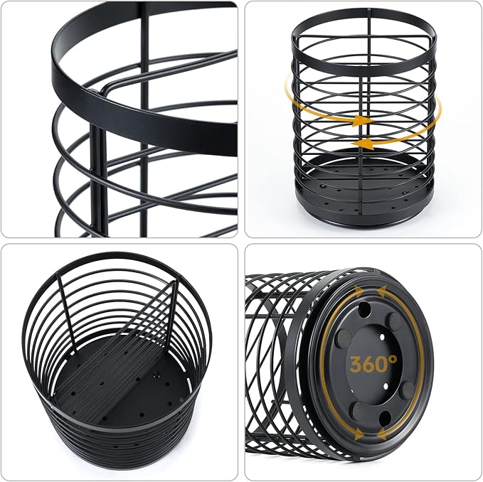 360° Rotating Utensil holder for Kitchen Counter,5.9"x5.9"x7.8" Large Round Utensils Holder with Wooden Base Matte Black Cooking Utensil Holder，Kitchen countertop Utensil Organizer (Rotating+Metal)