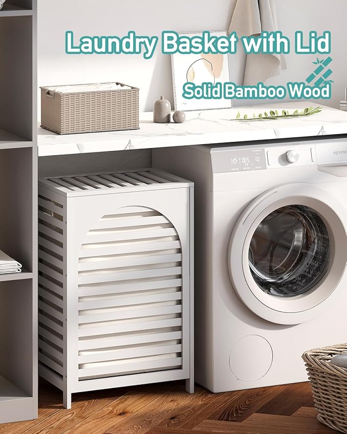 White Laundry Hamper, 22.5 Gallon (85L) Bamboo Wood Clothes Laundry Basket with Lid and Handles, Removable Liner