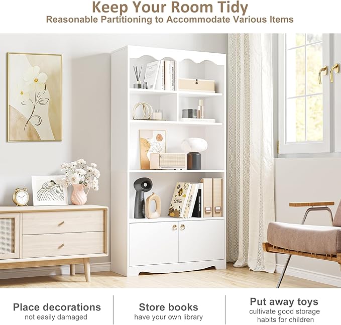 CABIHOME 63" Tall Bookshelf with Cabinet, 5-Tier Wood Bookcase with Wave Top, 6 Cubes & 2 Door Cabinets, Modern Display Storage Shelves with Gold Handles for Living Room, Bedroom & Home Office, White