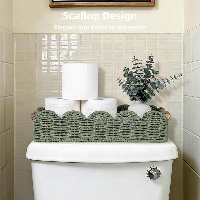 CubesLand Bathroom Basket Organizer w/Cut Out Handle, Back of Toilet Paper Storage Baskets Tray for Bathroom Countertop Decorative, Scalloped Wicker Basket Also for Home Decor, Living Room, Green