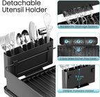 Stainless Steel Dish Drying Rack - Large Capacity Dish Rack for Kitchen Counter with Drain Board, Rustproof Dish Drainer with Drain Spout, Utensil Holder & Glass Holder, Dinnerware Organizer, Black