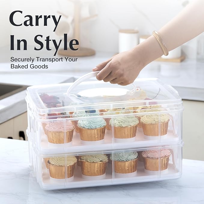 Plastic Cupcake Carrier 24 Count, 2-Layer Cupcake Holder Carries with Lid & Handles, Cookie, Cake, Cupcake and Brownie Storage Carrier, Reusable Cupcake Box
