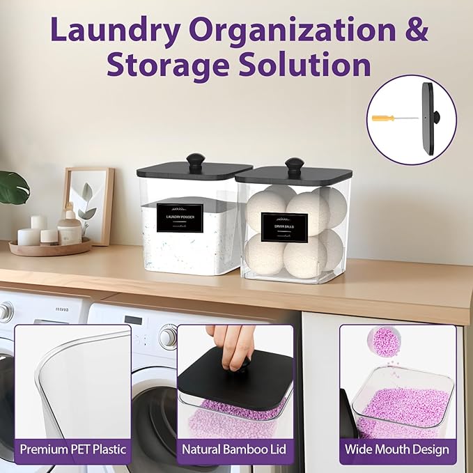 2 Pack Clear Laundry Pods Container, Plastic Square Laundry Room Organization and Storage Jars with Black Lids, Scoops & Labels for Detergent, Powder, Dryer Balls