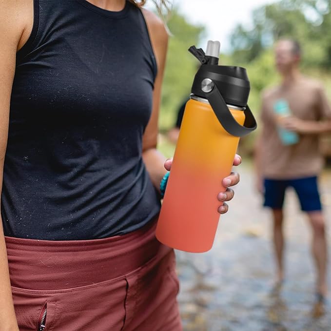 18oz Insulated Stainless Steel Water Bottle, Wide Mouth Double Wall Vacuum, Silicone Straw, Sweat & Leak Proof, BPA Free Insulated Water Flask for Travel, Keep Cold 24h Hot 12h, Orange