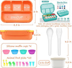QQKO Bento Box for Kids Adults, School Toddler Lunch Box for Boys Girls, Lunch Box Containers with 4 Compartments, Sauce Container, Utensils, Food Picks and Muffin Cups for School, Orange Yellow