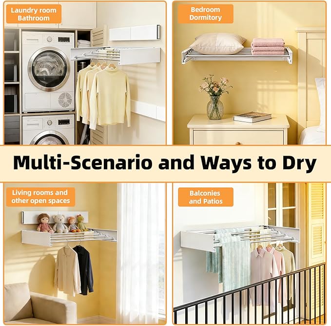 Wall Mounted Clothes Drying Rack 32", Collapsible Space Saving Laundry Drying Rack with 50 lb Capacity, Laundry Room Organization for Clothes, Foldable, 5 Rods, White