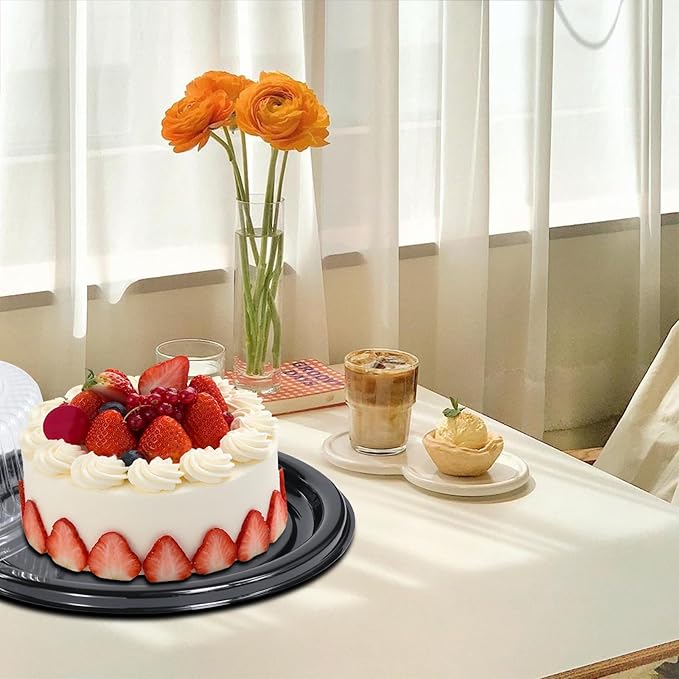 12" [5 Pack] Round Cake Pies Carriers, Black Serving Tray with Clear Lid, Disposable Cake Containers with Dome Lids Dessert Sandwich Trays for Party