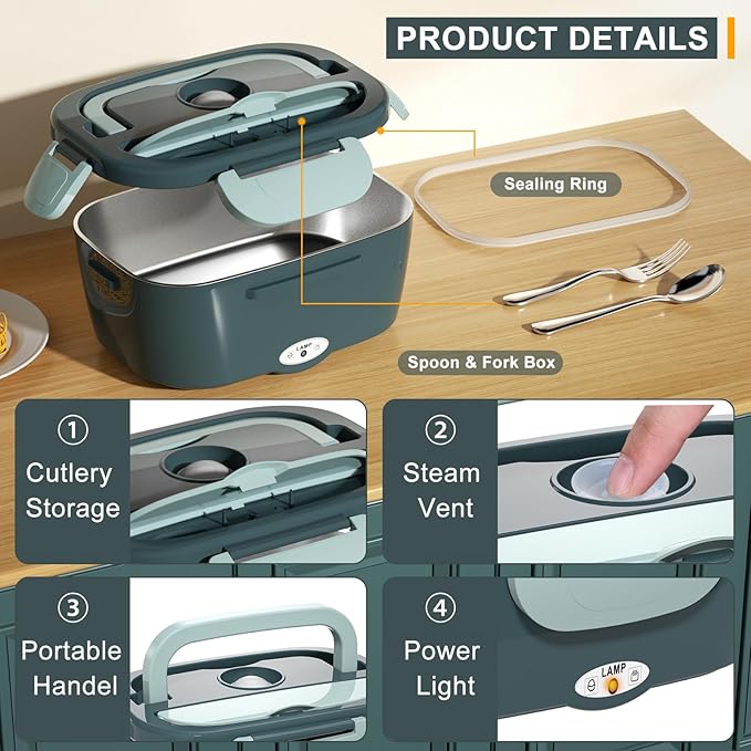 Monteka Electric Lunch Box Food Heater - Leakproof Portable Food Warmer heated lunch box for adults for Car/Home/Truck with 1.5L Removable Stainless Steel Container, White Elephant Gift, 12V/24V/110V
