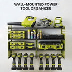 4-Tier Heavy Duty Power Tool Organizer, 600lbs Capacity Reinforced Steel Drill Rack with Side Accessory Mounting Studs, High-Visibility Wall Mount Storage, Fluorescent Green