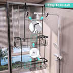 HapiRm Hanging Shower Caddy Over the Door with Soap Holder, No Drilling Adhesive Shower Organizer with 11 Hooks, Rustproof & Waterproof 304 Stainless Steel Bathroom Shelves - Black