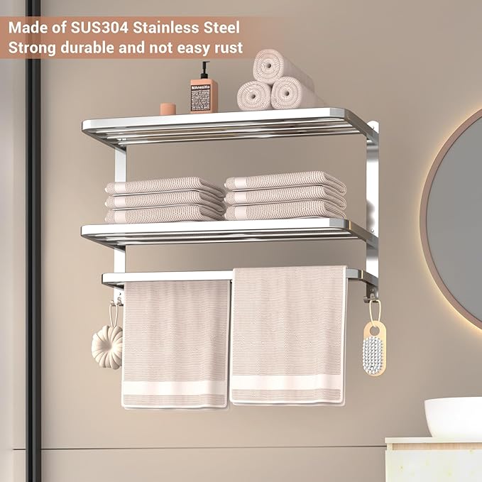 DDS-DUDES 23 Inches 3-Tier Towel Racks for Bathroom with Towel Bars Multilayer Hotel Towel Shelf Stainless Steel Wall-Mounted Brushed Finish Holder with Towel Shelves