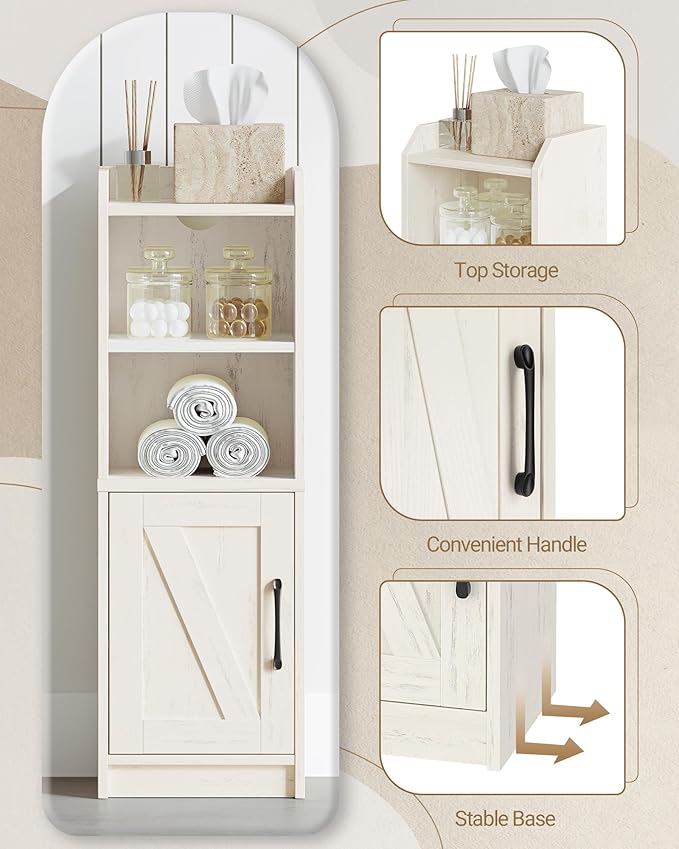 Bathroom Storage Cabinet, Small Farmhouse Corner Floor Cabinet with Door and Shelves, Narrow Toilet Paper Holder Stand, Bathroom Organizer with Adjustable Shelf, for Small Spaces,Rustic White