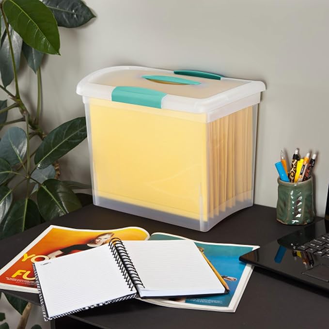 Sterilite Large Nesting ShowOffs, Stackable Small Storage Bin with Latching Lid and Handle, Plastic Container to Organize Office Files, Clear, 18-Pack