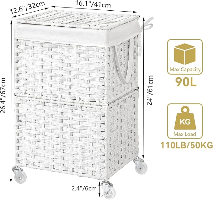 Chrislley 90L Slim Laundry Hamper with Wheels, Rolling Laundry Basket with Lid and Renovable Liner Bag, Handwoven Rattan Organizer for bedroom, bathroom, laundry room (White)
