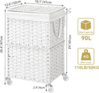 Chrislley 90L Slim Laundry Hamper with Wheels, Rolling Laundry Basket with Lid and Renovable Liner Bag, Handwoven Rattan Organizer for bedroom, bathroom, laundry room (White)