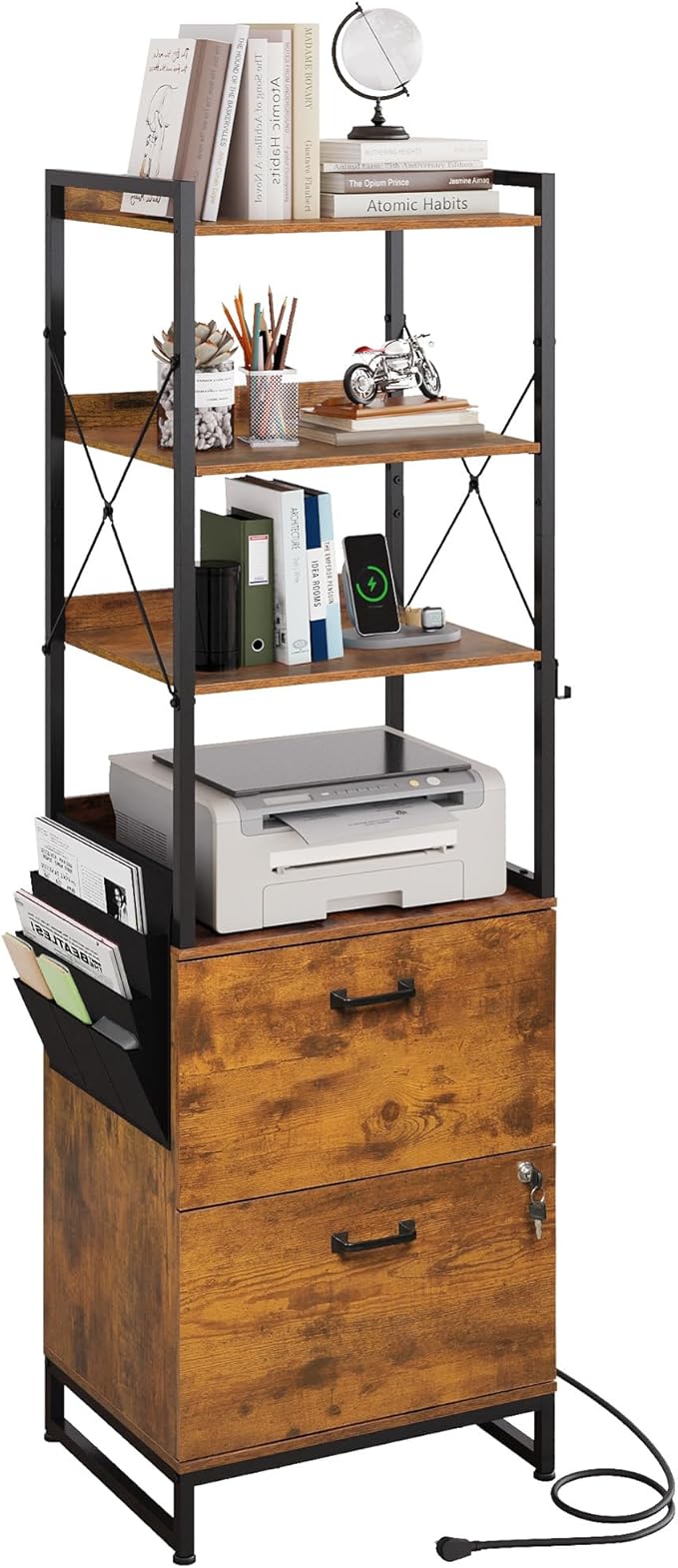 DEVAISE 2 Drawer File Cabinet with Lock, Charging Station & Adjustable Shelf,Tall Filing Cabinet for Home Office with Hook, Printer Stand Fits A4/Letter/Legal, Rustic Brown