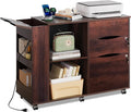 DEVAISE File Cabinet with Lock, 3 Drawer Rolling Mobile Lateral Filing Cabinets with Charging Station Printer Stand with Open Storage Shelves Fits A4 or Letter Size for Home Office Brown Oak