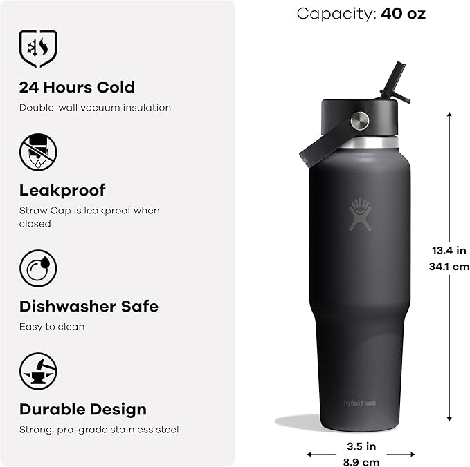Hydro Flask Travel Water Bottle - Insulated Stainless Steel - Wide Straw Lid, Non Spill, Leakproof in 40 Oz Harbor Blue