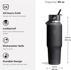 Hydro Flask Travel Water Bottle - Insulated Stainless Steel - Wide Straw Lid, Non Spill, Leakproof in 40 Oz Tonal White