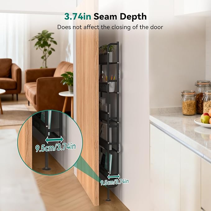 NECHEGE Slim Shelf Behind Door Storage Rack, 5-Tier Multi-Purpose Space-Saving Organizer for Bathroom, Kitchen, Living Room-Sturdy Metal Bookshelf for Narrow Spaces
