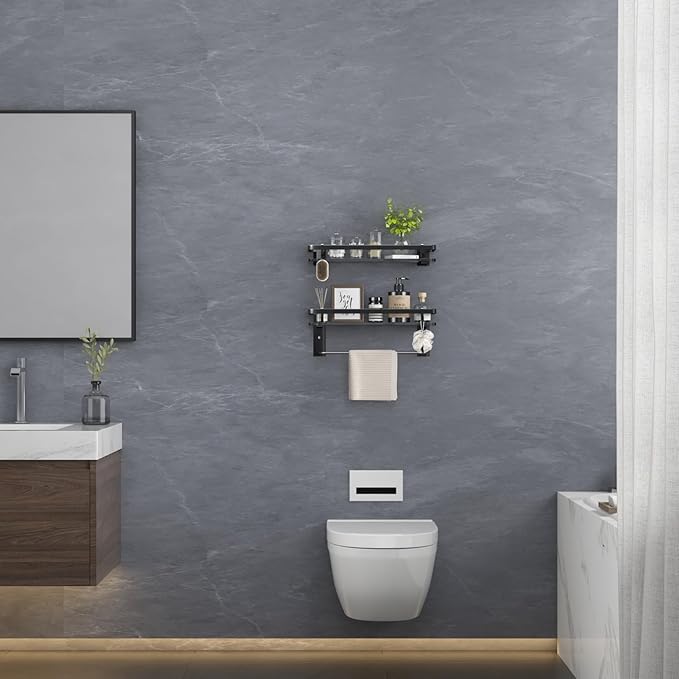 VOLPONE Glass Shelf for Bathroom 15.7 in Black Bathroom Shelves Wall Mounted Tempered Glass Shelving with 4 Removable Hooks (2 Tier)