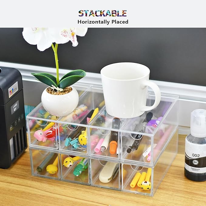 2 Pack Desktop Organizers of 8 Storage Drawers, Clear Acrylic Glasses Storage Drawers Organizer Office Desk Organizer for Vanity Table, Bathroom Counter, Teacher Desk, Dorm
