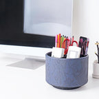 Hennaja Round Leather Art Supply Organizer,Remote Control Holder,360 Degree Spinning,Multi-Functional Pencil Holder,4 Compartments Desktop Stationary Organizer(1-Carved Dark Blue)