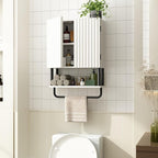 RUSTOWN Fluted Bathroom Wall Cabinet with 2 Doors, 3-Tier Modern Farmhouse Medicine Cabinet, Over The Toilet Storage Cabinet with Adjustable Shelf and Towel Bar(White, Small)