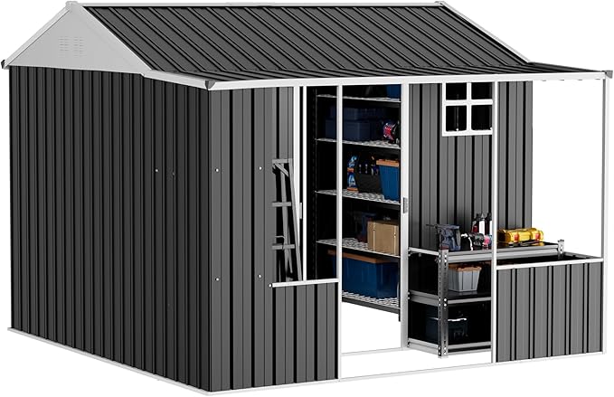 VanAcc 9x9x7 FT Metal Storage Shed, Dual-Zone Tool Shed with Work Area, Reinforced Frame, Gable Roof, Ventilated Design, Dark Grey