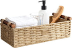 Back of Toilet Basket with Wood Handles, Khaki Wicker Toilet Paper Basket for Toilet Tank Top, Narrow Toilet Tank Basket, Bathroom Basket Organizer for Wipes & Essentials