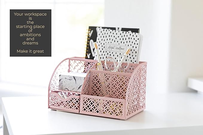 BLU MONACO Light Pink Desk Organizer | Cute Metal Desktop Organizer with Drawer & 6 Compartments | Girly Office Supply Storage for Home Office, School Locker & Workspace