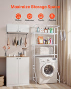 VEVOR Over The Washer and Dryer Storage Shelf, 3 Tier Laundry Room Drying Rack with Hanger Rod and Hooks, Adjustable Over Washer and Dryer Shelves, Laundry Room Shelf Storage Space Saver, White