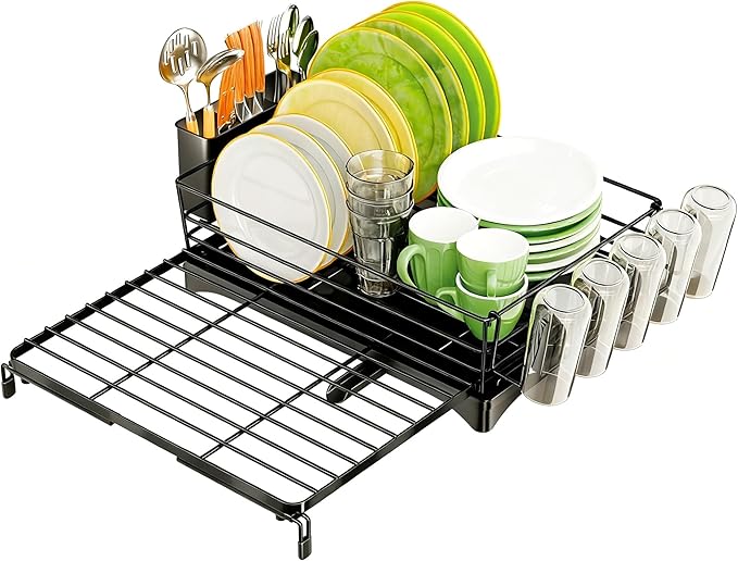 Expandable Dish Drying Rack for Kitchen Counter, Large Capacity Dish Drainer with Utensil Holder & Drip Tray, Space Saving Organizer (12.7"-21.7" x 17"), Black