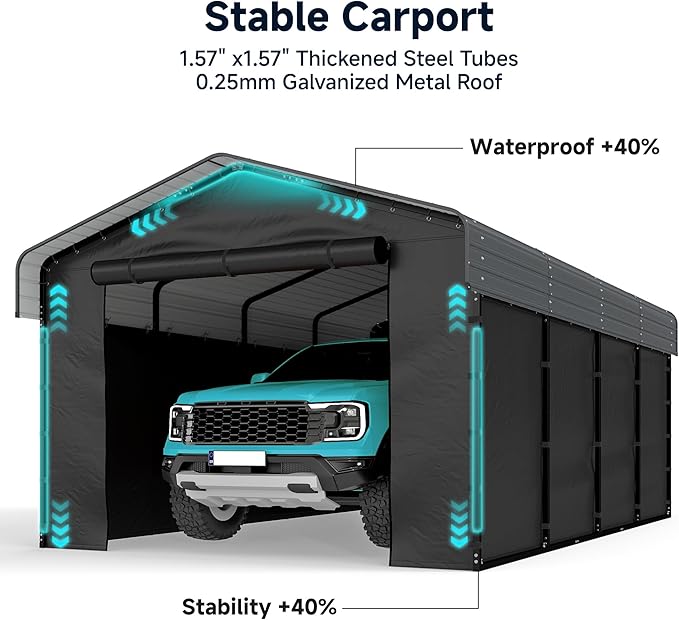 12x20FT Heavy Duty Metal Carport, Outdoor Carport with Galvanized Steel Frame and Roof, Multi-Use Car Garage Shelter with Removable Sidewalls, Enclosed for Cars, Pickup, Tractors, Tools, Gray