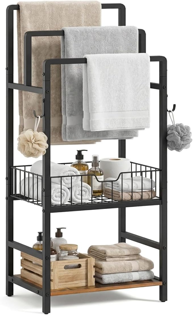 HOOBRO Freestanding Towel Rack for Small Bathroom, 3-Tier Towel Holder with Storage Shelf, Basket & Hooks, Space Saving Bathroom Organizer for Towels & Toiletries, Rustic Brown BF13LB01